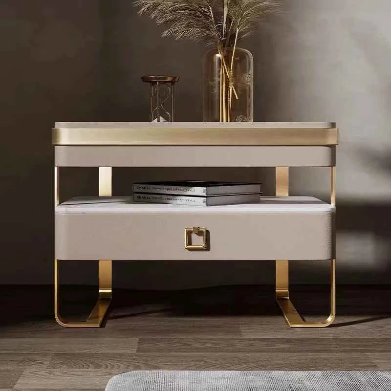 Modern Smart Wooden Bedside Table – Gold Stainless Steel Drawers for Bedroom & Apartment