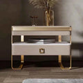 Modern Smart Wooden Bedside Table – Gold Stainless Steel Drawers for Bedroom & Apartment