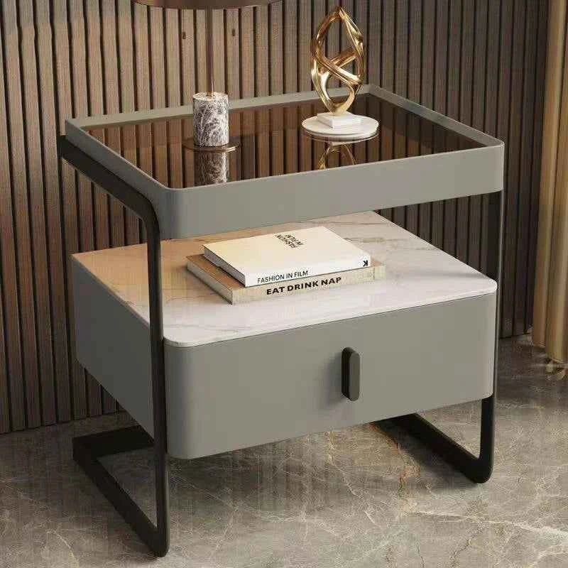 Iron Minimalist Nightstand – Modern Light Luxury Bedside Open Shelf with Glass