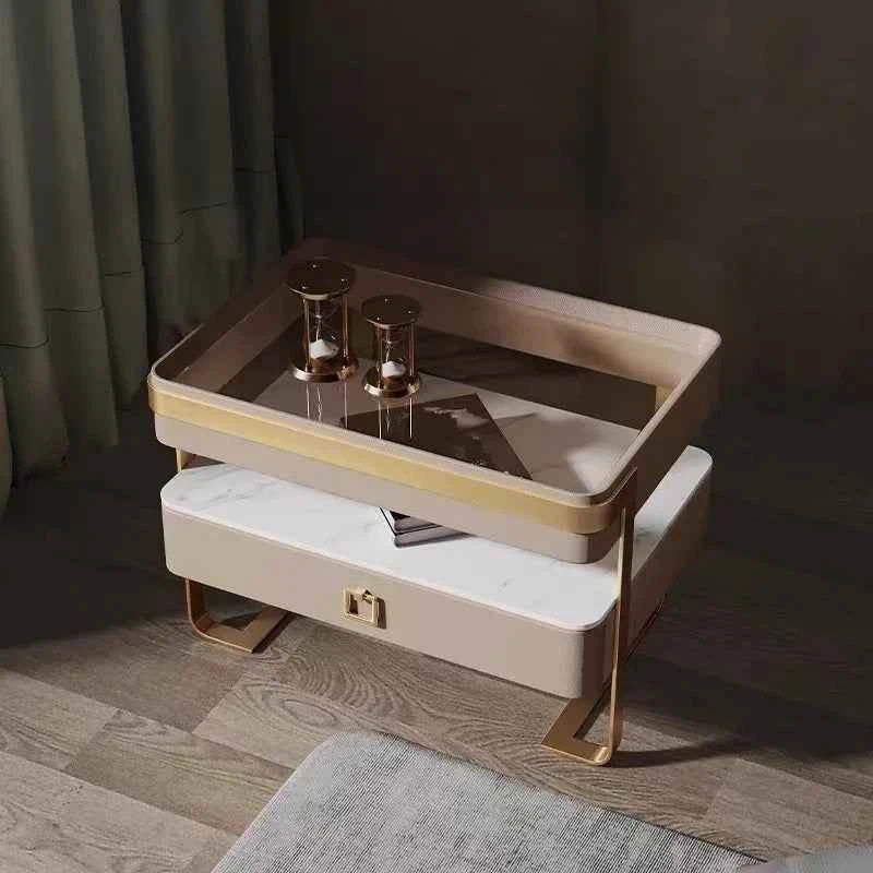 Modern Smart Wooden Bedside Table – Gold Stainless Steel Drawers for Bedroom & Apartment