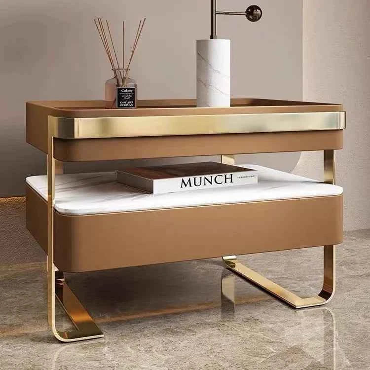 Modern Smart Wooden Bedside Table – Gold Stainless Steel Drawers for Bedroom & Apartment