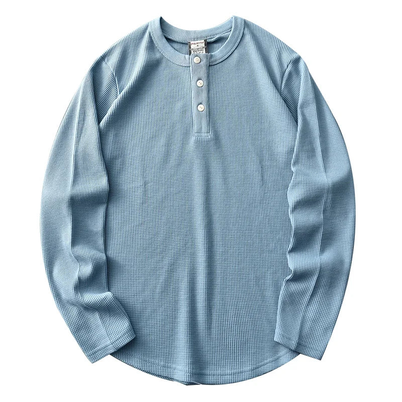 Men's Long Sleeve Waffle Knit T-Shirt – Casual Cotton Henley Top
