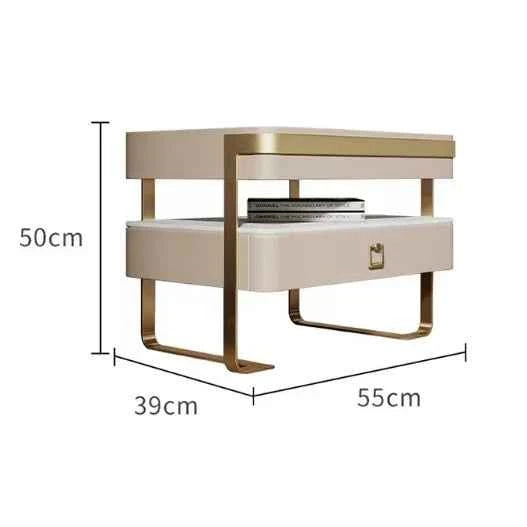 Modern Smart Wooden Bedside Table – Gold Stainless Steel Drawers for Bedroom & Apartment
