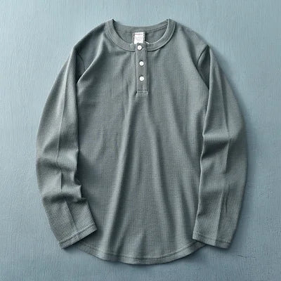 Men's Long Sleeve Waffle Knit T-Shirt – Casual Cotton Henley Top