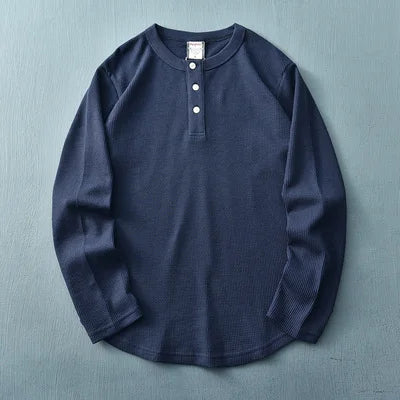 Men's Long Sleeve Waffle Knit T-Shirt – Casual Cotton Henley Top