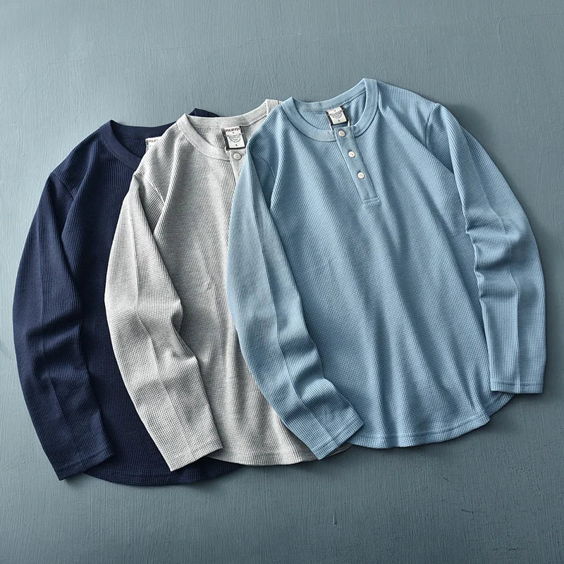Men's Long Sleeve Waffle Knit T-Shirt – Casual Cotton Henley Top