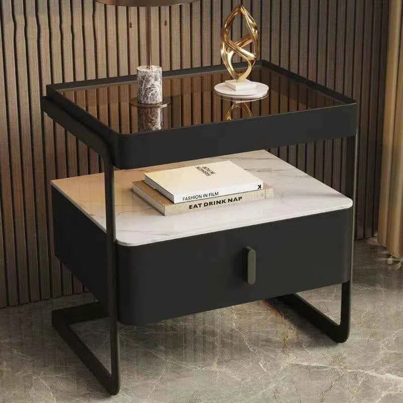 Iron Minimalist Nightstand – Modern Light Luxury Bedside Open Shelf with Glass