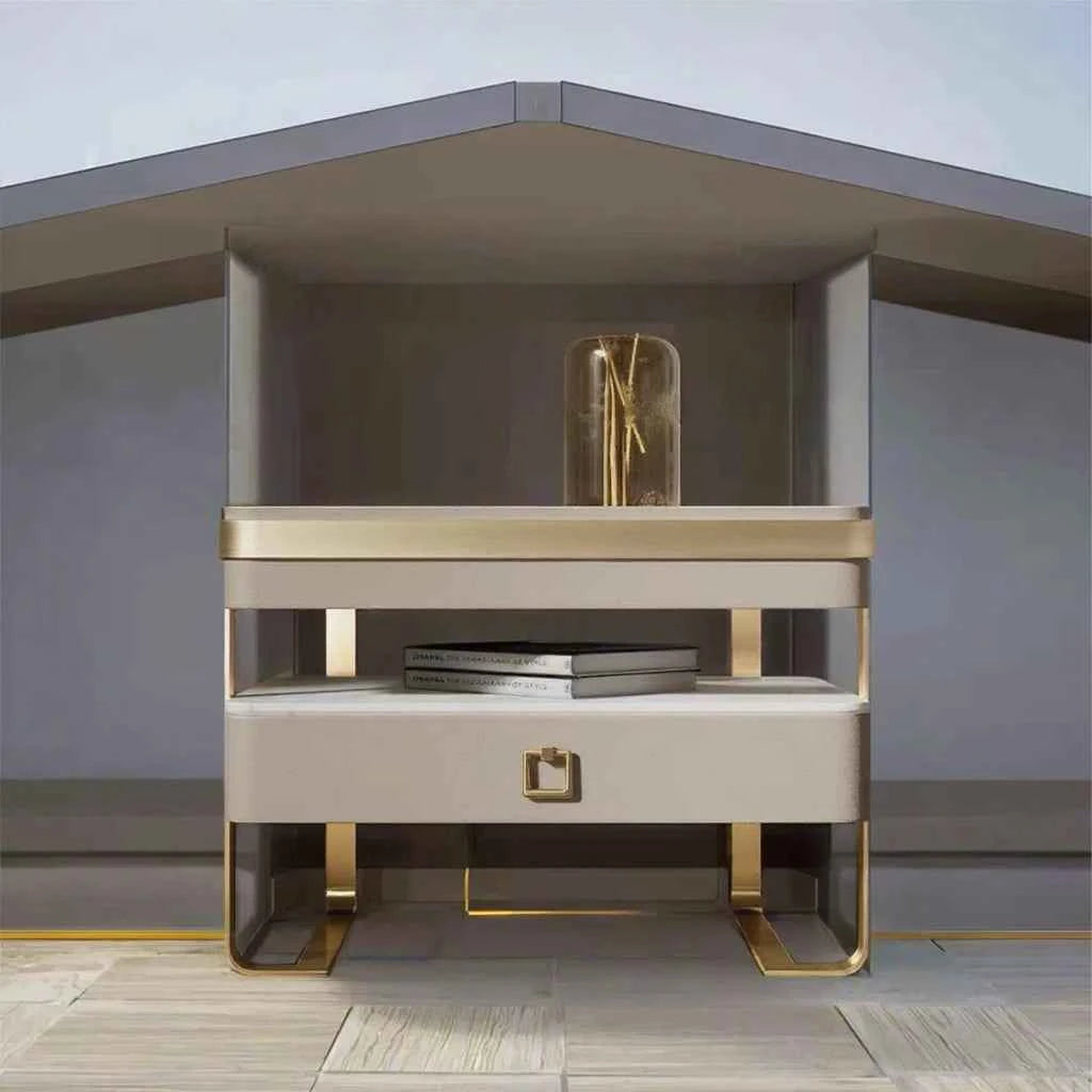 Modern Smart Wooden Bedside Table – Gold Stainless Steel Drawers for Bedroom & Apartment