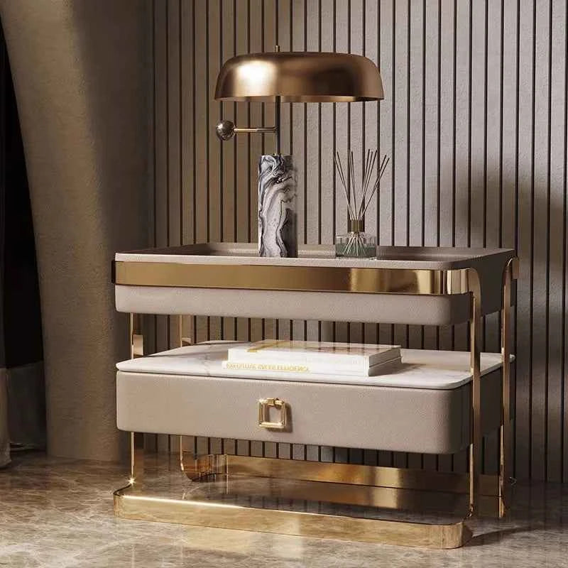 Modern Smart Wooden Bedside Table – Gold Stainless Steel Drawers for Bedroom & Apartment