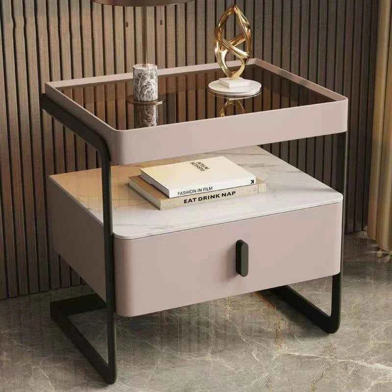 Iron Minimalist Nightstand – Modern Light Luxury Bedside Open Shelf with Glass