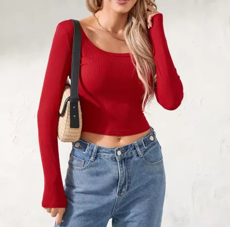 Puloru Casual Long Sleeve Cropped T-Shirt – Women's Everyday Top - Dripshop