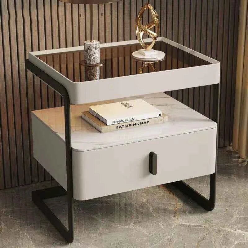 Iron Minimalist Nightstand – Modern Light Luxury Bedside Open Shelf with Glass