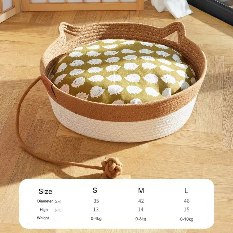 Japanese Hand-Woven Rattan Cat Bed – Round Summer Cooling Kitten Basket with Cotton Rope - Dripshop