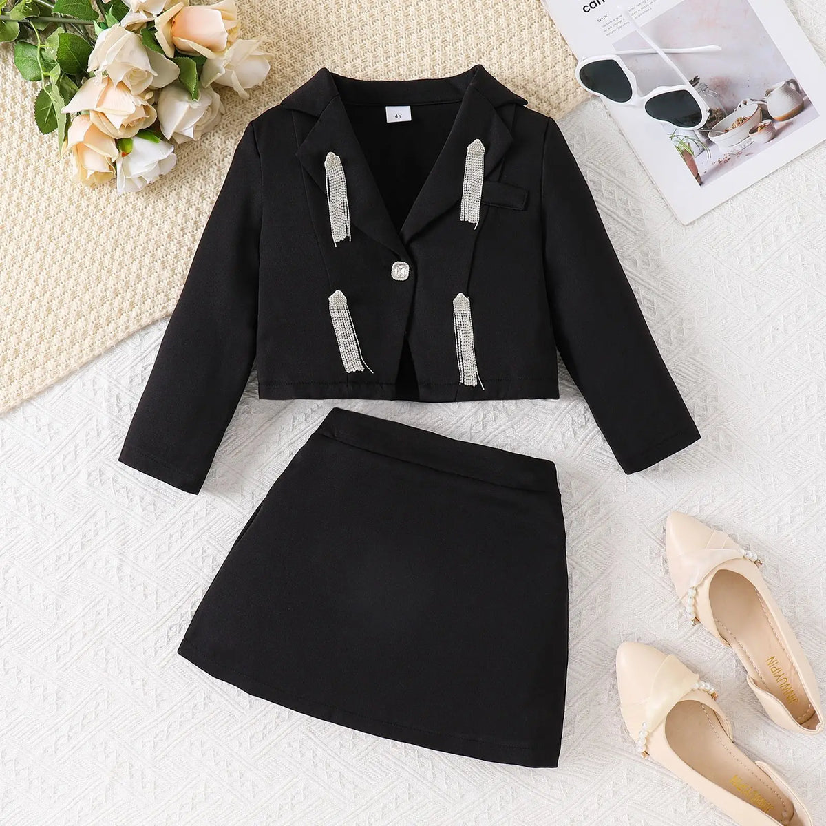 Girls 3-Piece Blazer Skirt Set – Black Coat, Belt & Skirt Outfit