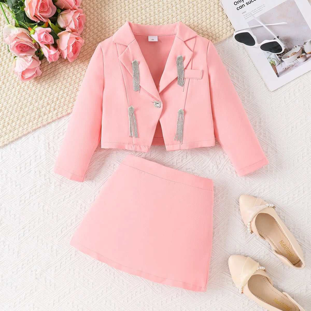 Girls 3-Piece Blazer Skirt Set – Black Coat, Belt & Skirt Outfit