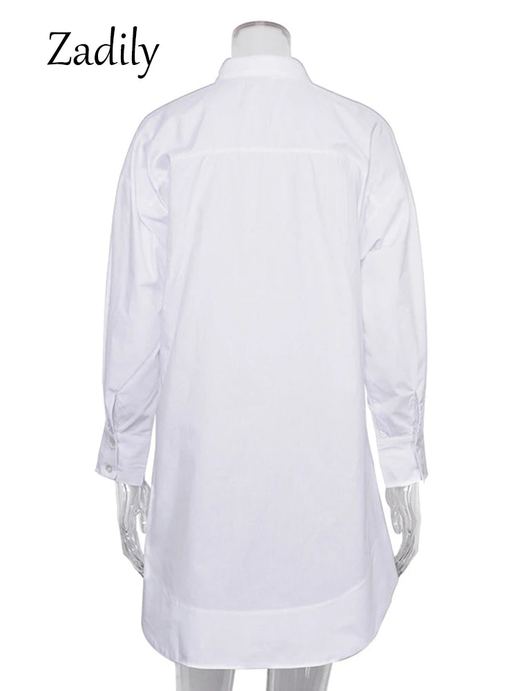 Women's Oversized White Long Shirt | Patchwork Button-Up Work Blouse