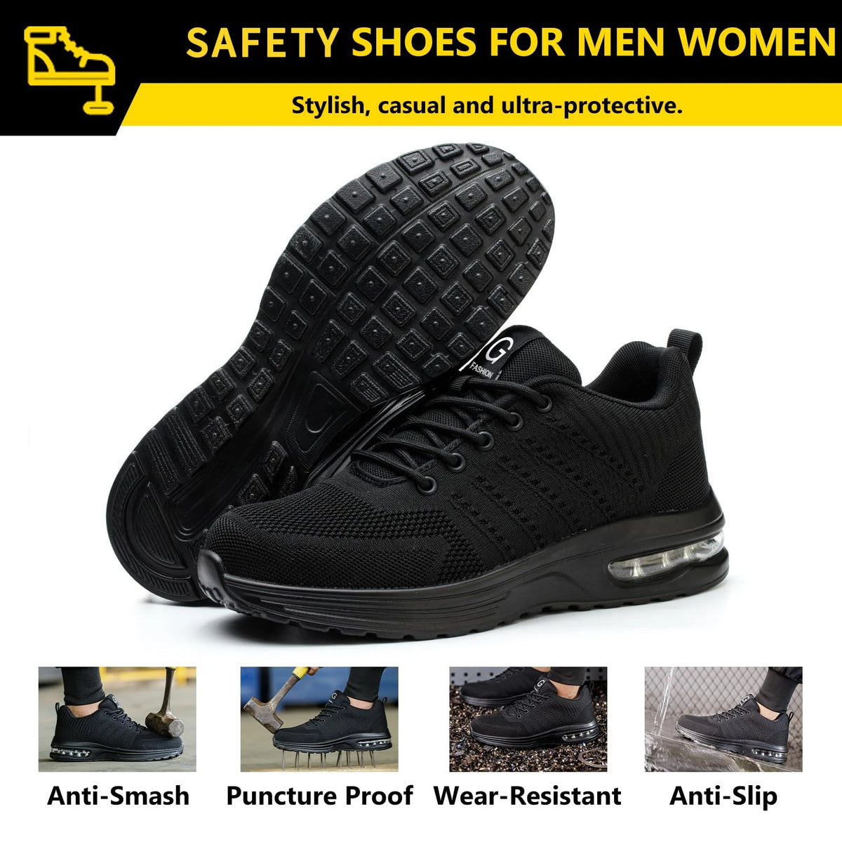 Steel Toe Safety Work Shoes – Air Cushion Anti-Smash Anti-Puncture Breathable Work Trainers for Men & Women - Dripshop