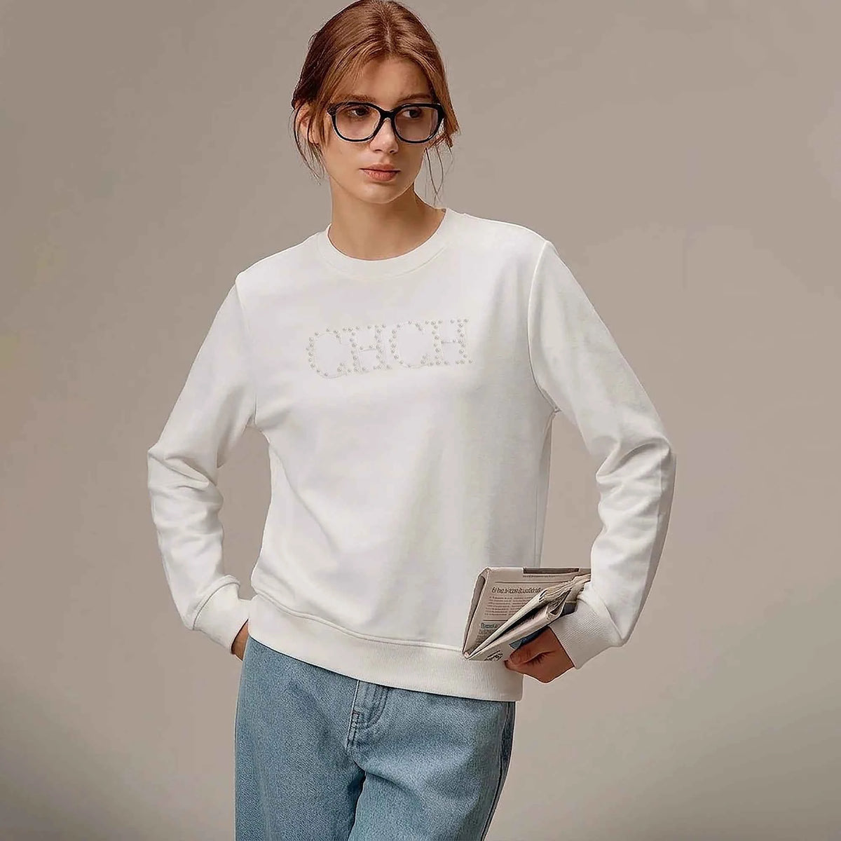 Women's Pearl Embroidered Hoodie – Loose Fit Pullover
