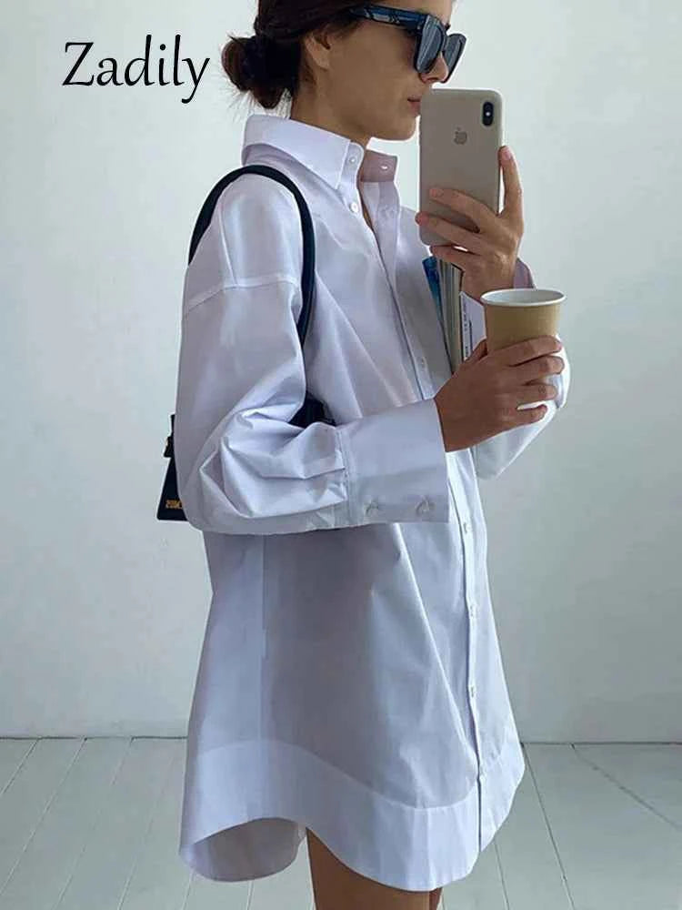 Women's Oversized White Long Shirt | Patchwork Button-Up Work Blouse
