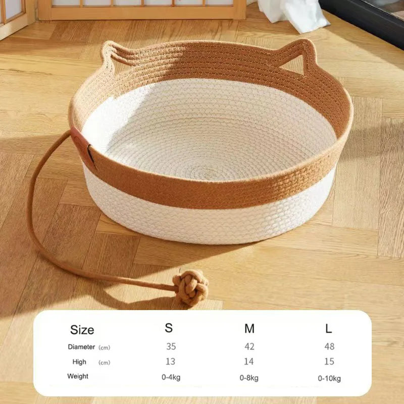 Japanese Hand-Woven Rattan Cat Bed – Round Summer Cooling Kitten Basket with Cotton Rope - Dripshop