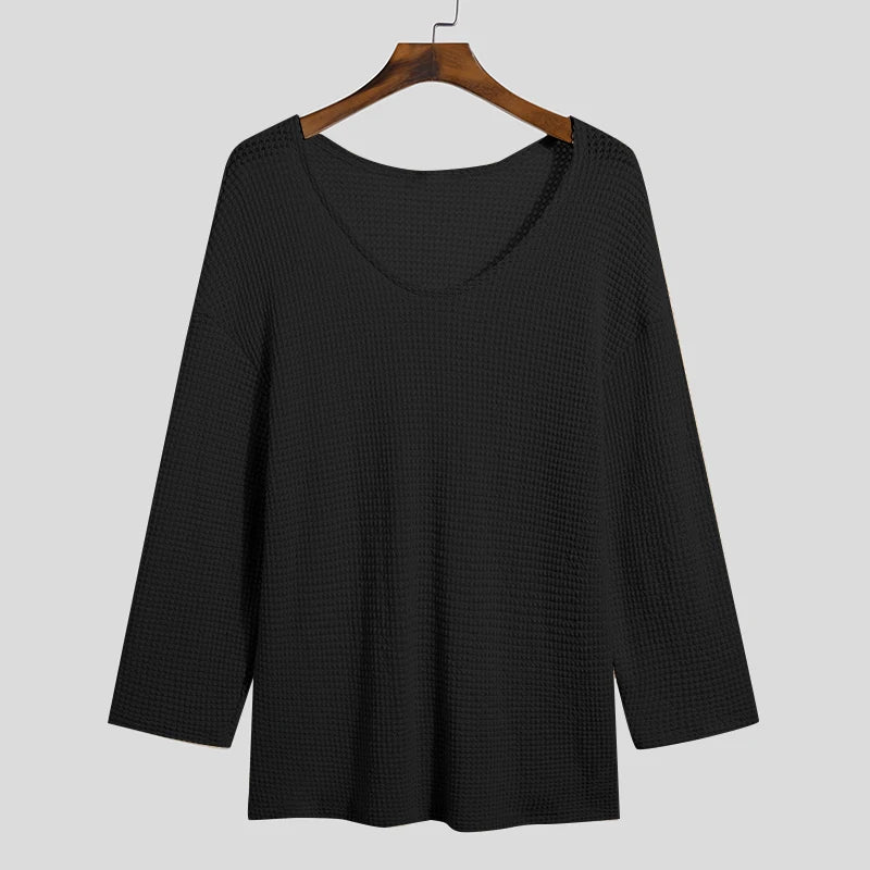 Men's Hollow Knit V-Neck Long Sleeve T-Shirt