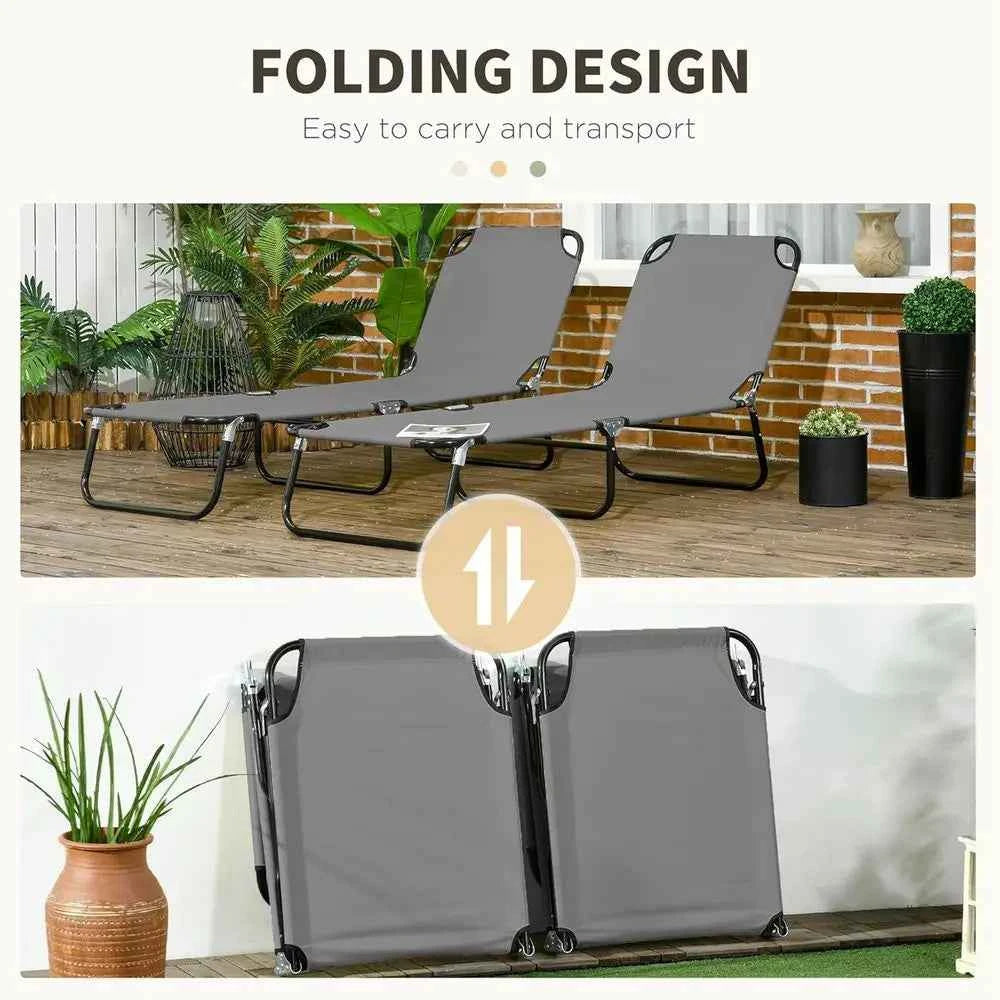 2-Piece Outdoor Chaise Lounge Set – Adjustable Reclining Steel Frame for Pool, Beach & Patio (Grey)