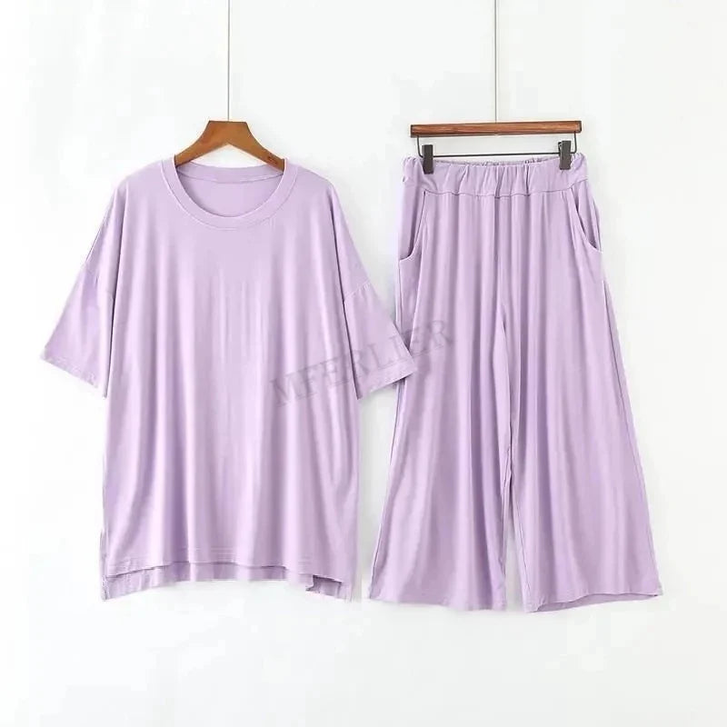 Women's Plus Size Modal Pyjama Set – Short Sleeve Soft Sleepwear (Up to 7XL/150kg) - Dripshop