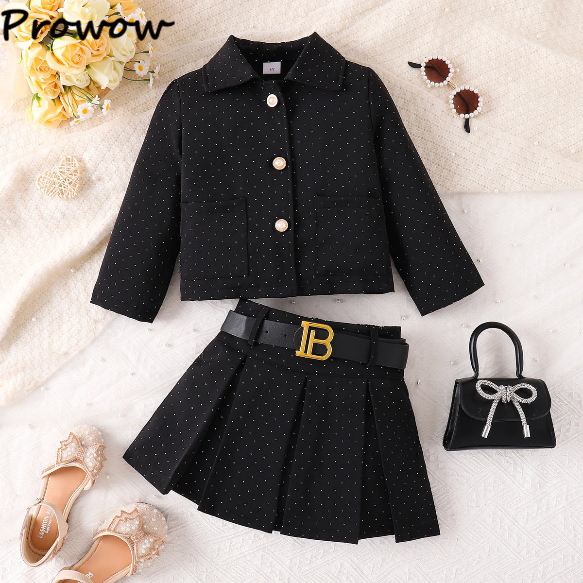 Girls 3-Piece Blazer Skirt Set – Black Coat, Belt & Skirt Outfit