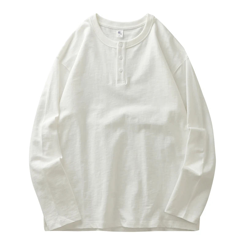 Men's Heavyweight 100% Cotton Henley Long Sleeve T-Shirt