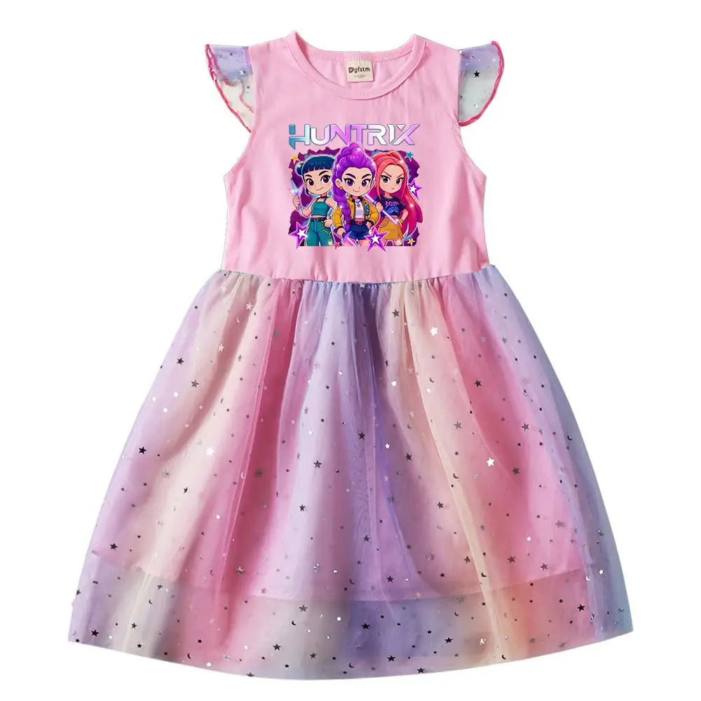 K-Pop Rumi Baby Girls Princess Dress – Cartoon Mesh Star Sequins Flying Sleeve Birthday Dress - Dripshop