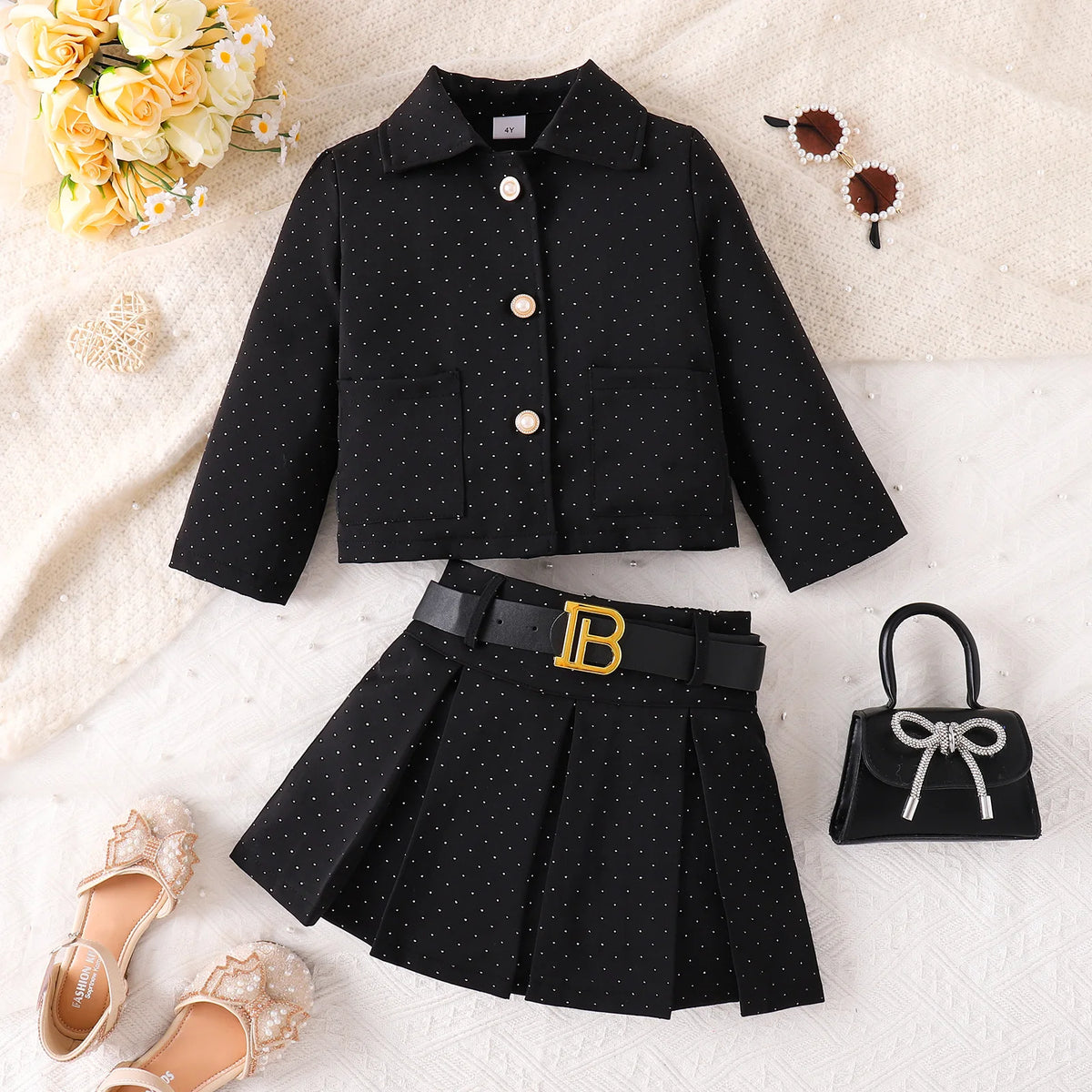 Girls 3-Piece Blazer Skirt Set – Black Coat, Belt & Skirt Outfit