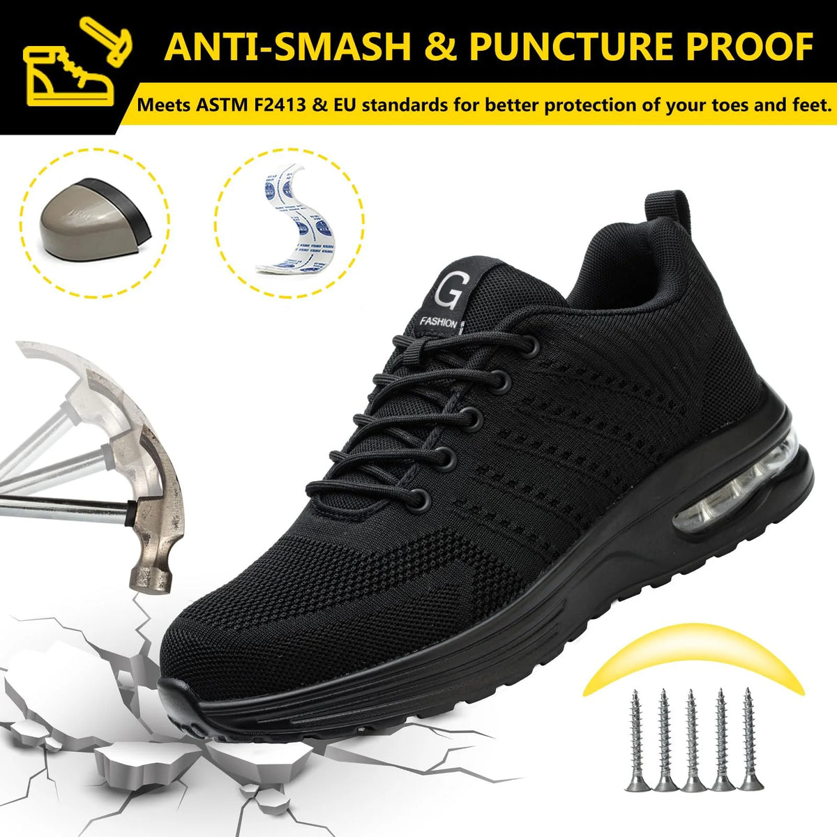 Steel Toe Safety Work Shoes – Air Cushion Anti-Smash Anti-Puncture Breathable Work Trainers for Men & Women - Dripshop