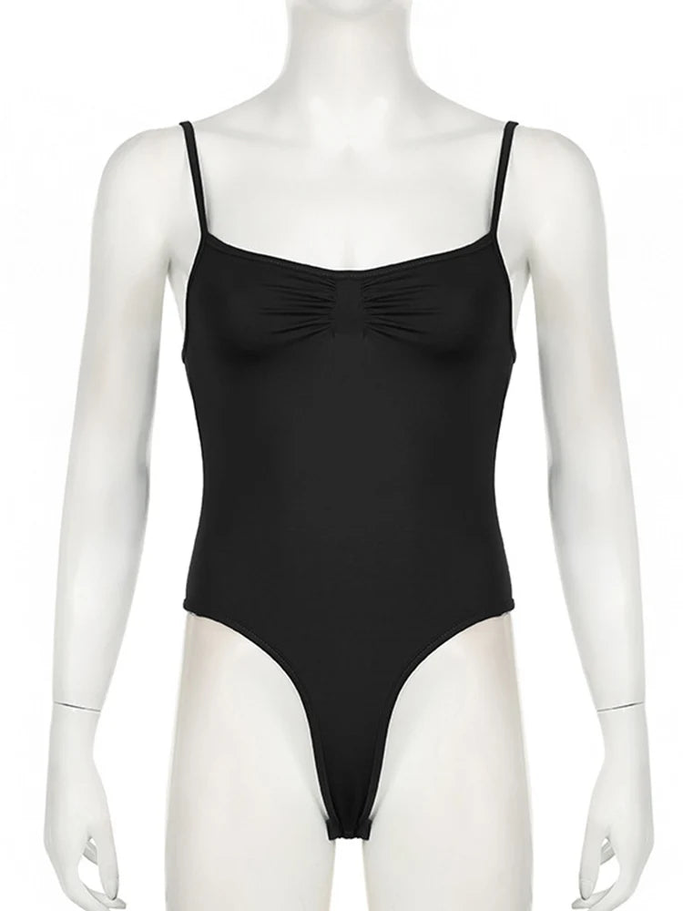 Women's Shirred Spaghetti Strap Bodysuit | Sleeveless Slim Fit Camisole