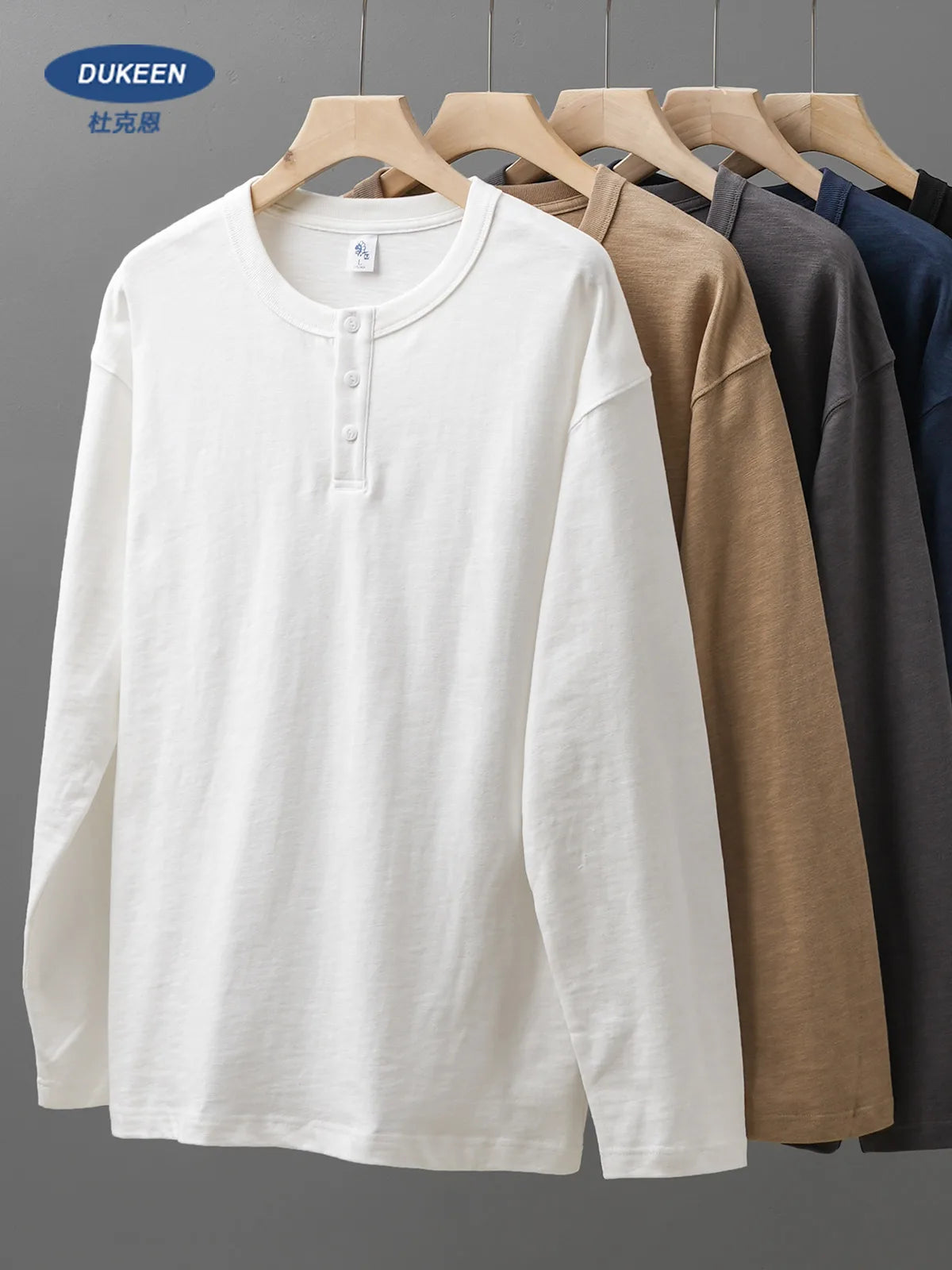 Men's Heavyweight 100% Cotton Henley Long Sleeve T-Shirt