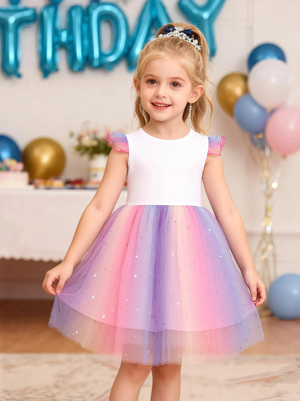 K-Pop Rumi Baby Girls Princess Dress – Cartoon Mesh Star Sequins Flying Sleeve Birthday Dress - Dripshop