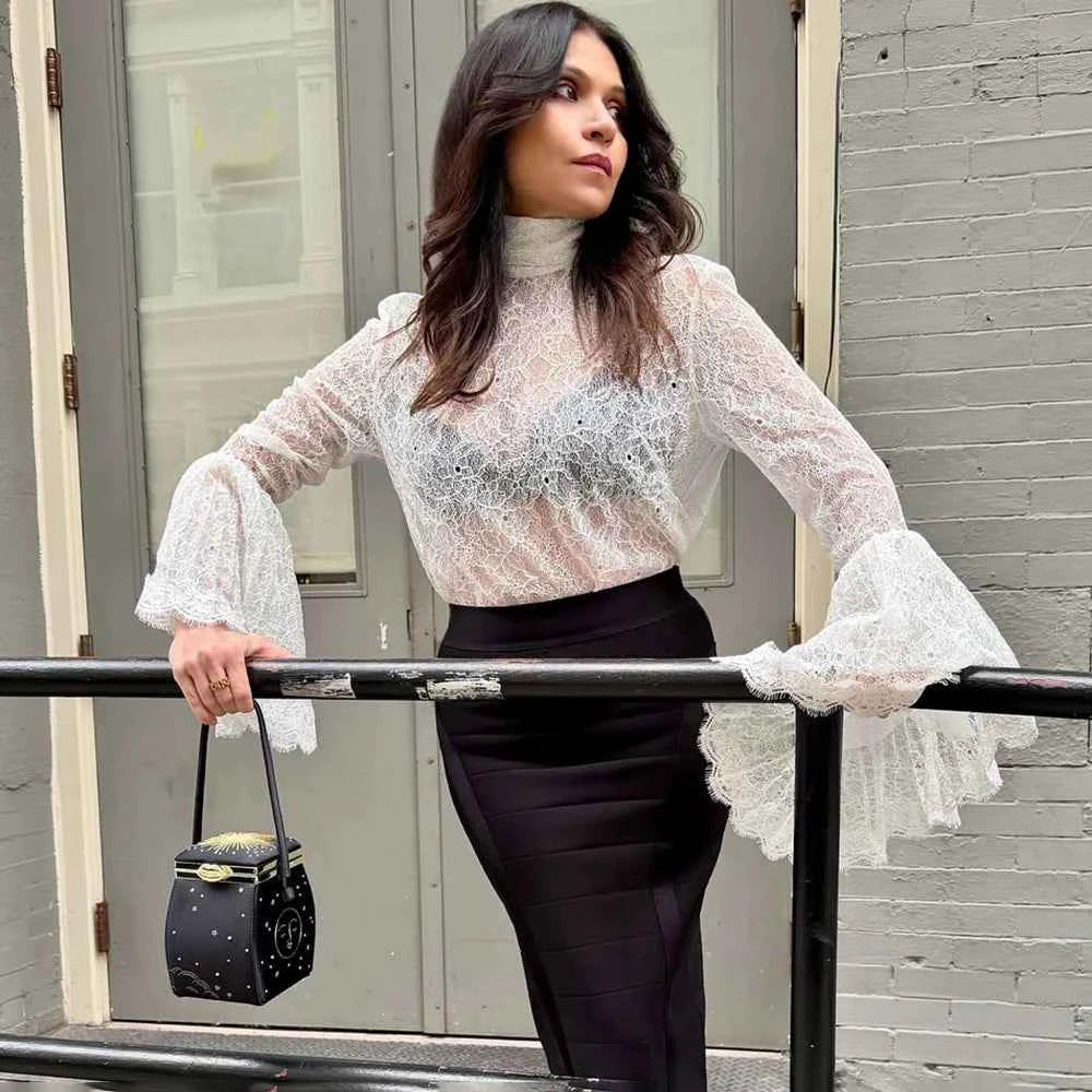 Women's Elegant Lace Ruffle Blouse | See-Through Long Sleeve Party Top