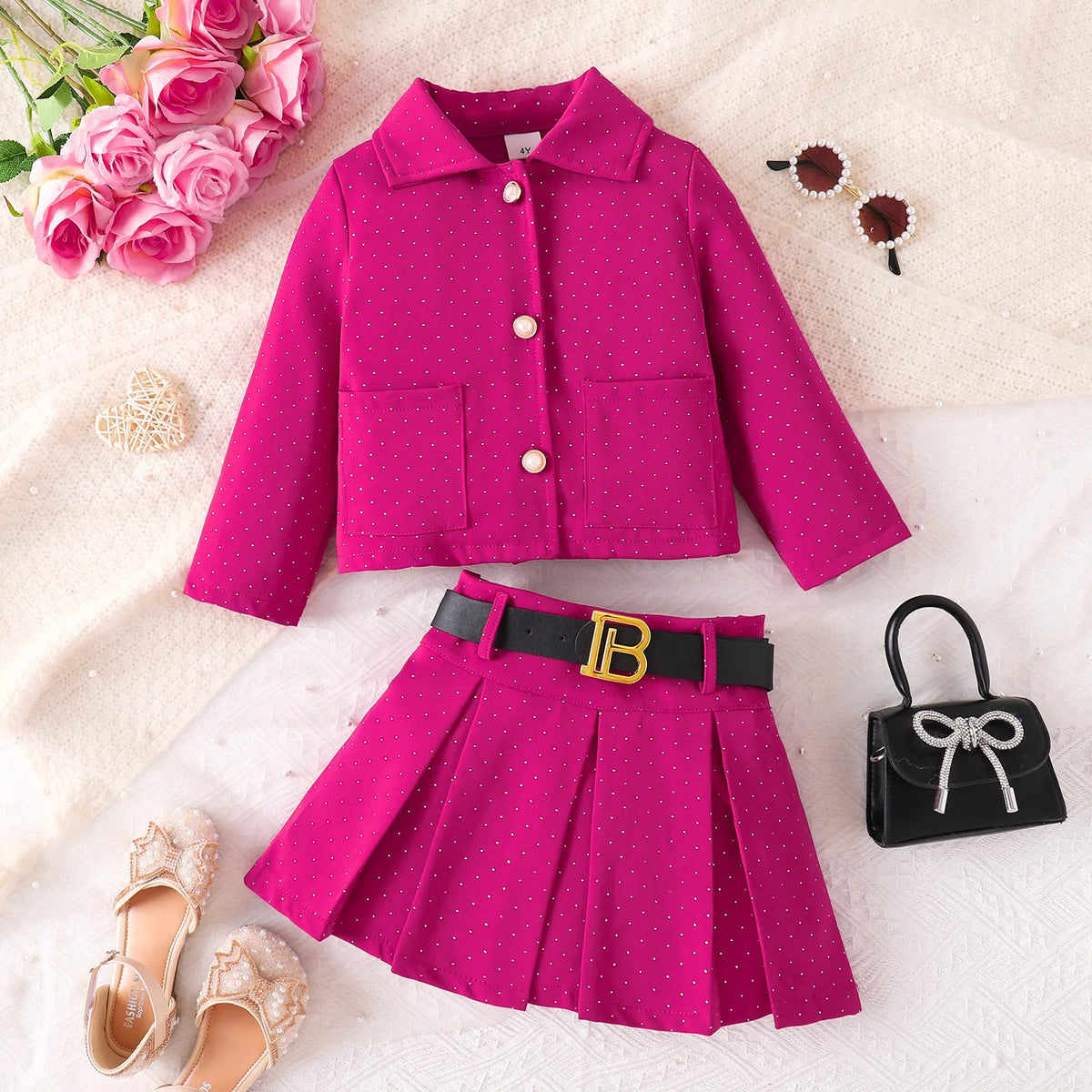 Girls 3-Piece Blazer Skirt Set – Black Coat, Belt & Skirt Outfit