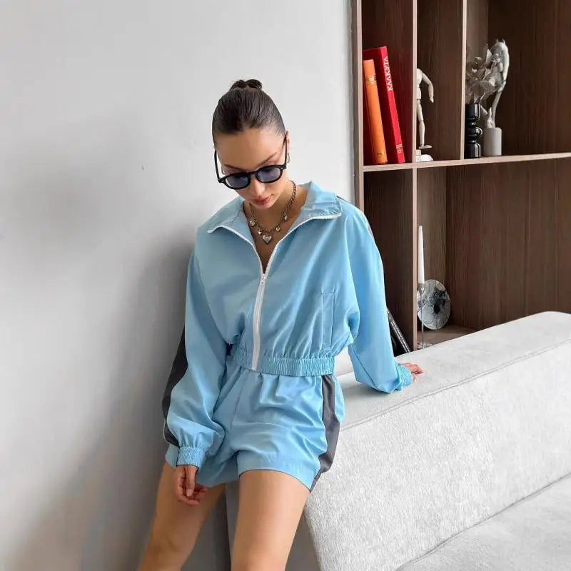 Women's Colour Block Zip Jacket & Shorts Set | Streetwear Two-Piece - Dripshop