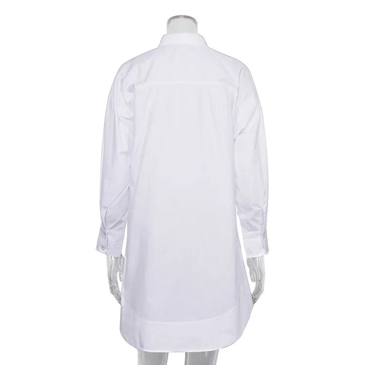 Women's Oversized White Long Shirt | Patchwork Button-Up Work Blouse