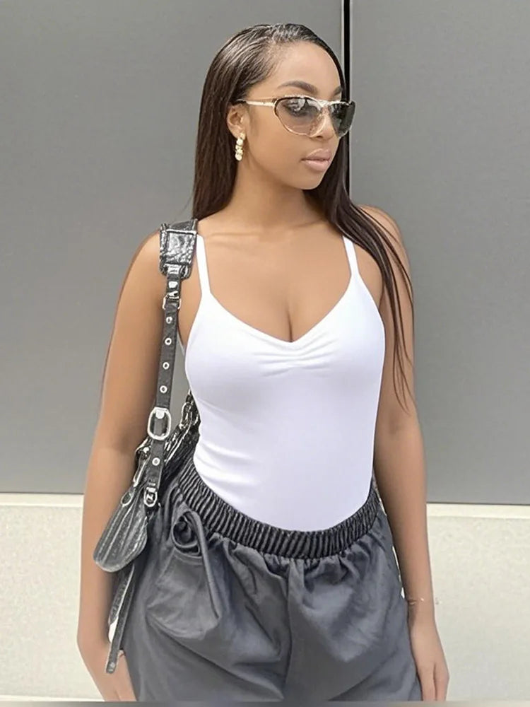 Women's Shirred Spaghetti Strap Bodysuit | Sleeveless Slim Fit Camisole