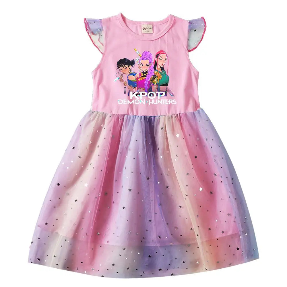 K-Pop Rumi Baby Girls Princess Dress – Cartoon Mesh Star Sequins Flying Sleeve Birthday Dress - Dripshop