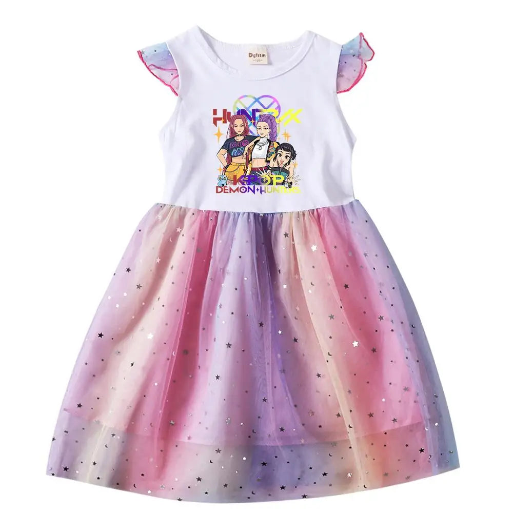 K-Pop Rumi Baby Girls Princess Dress – Cartoon Mesh Star Sequins Flying Sleeve Birthday Dress - Dripshop