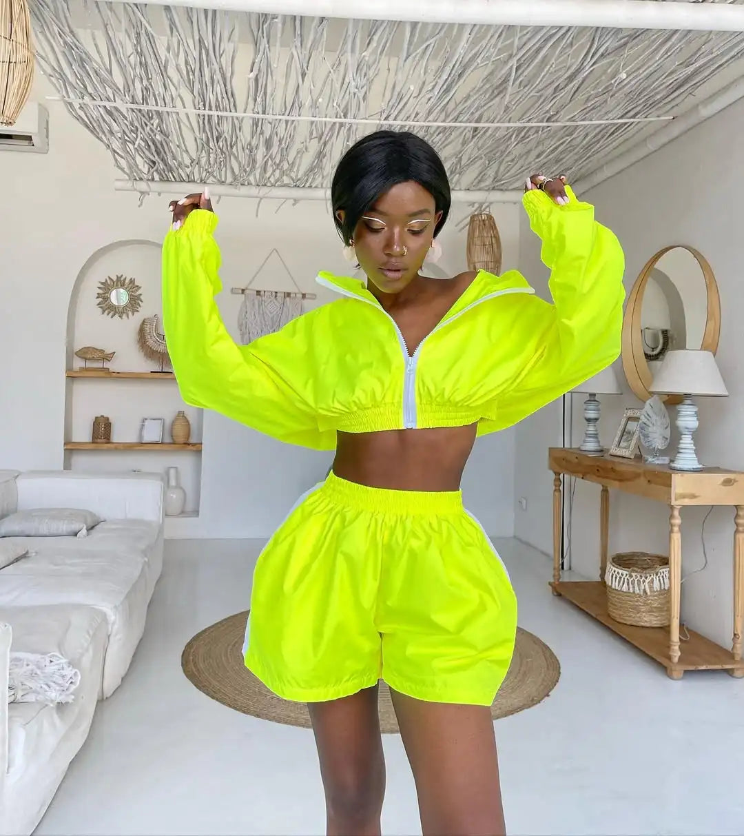 Women's Colour Block Zip Jacket & Shorts Set | Streetwear Two-Piece - Dripshop