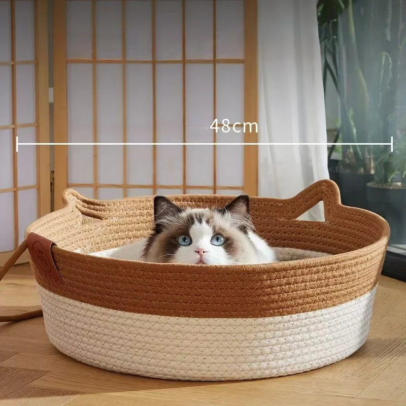 Japanese Hand-Woven Rattan Cat Bed – Round Summer Cooling Kitten Basket with Cotton Rope - Dripshop