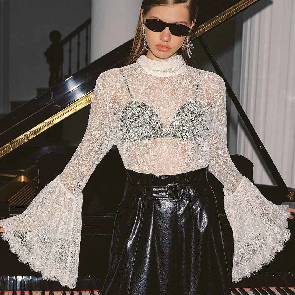Women's Elegant Lace Ruffle Blouse | See-Through Long Sleeve Party Top