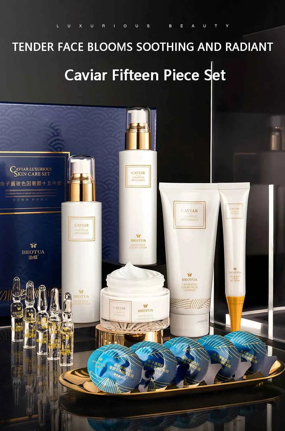 15-Piece Caviar Korean Skin Care Set – Face Serum, Anti-Wrinkle & Whitening Facial Suit