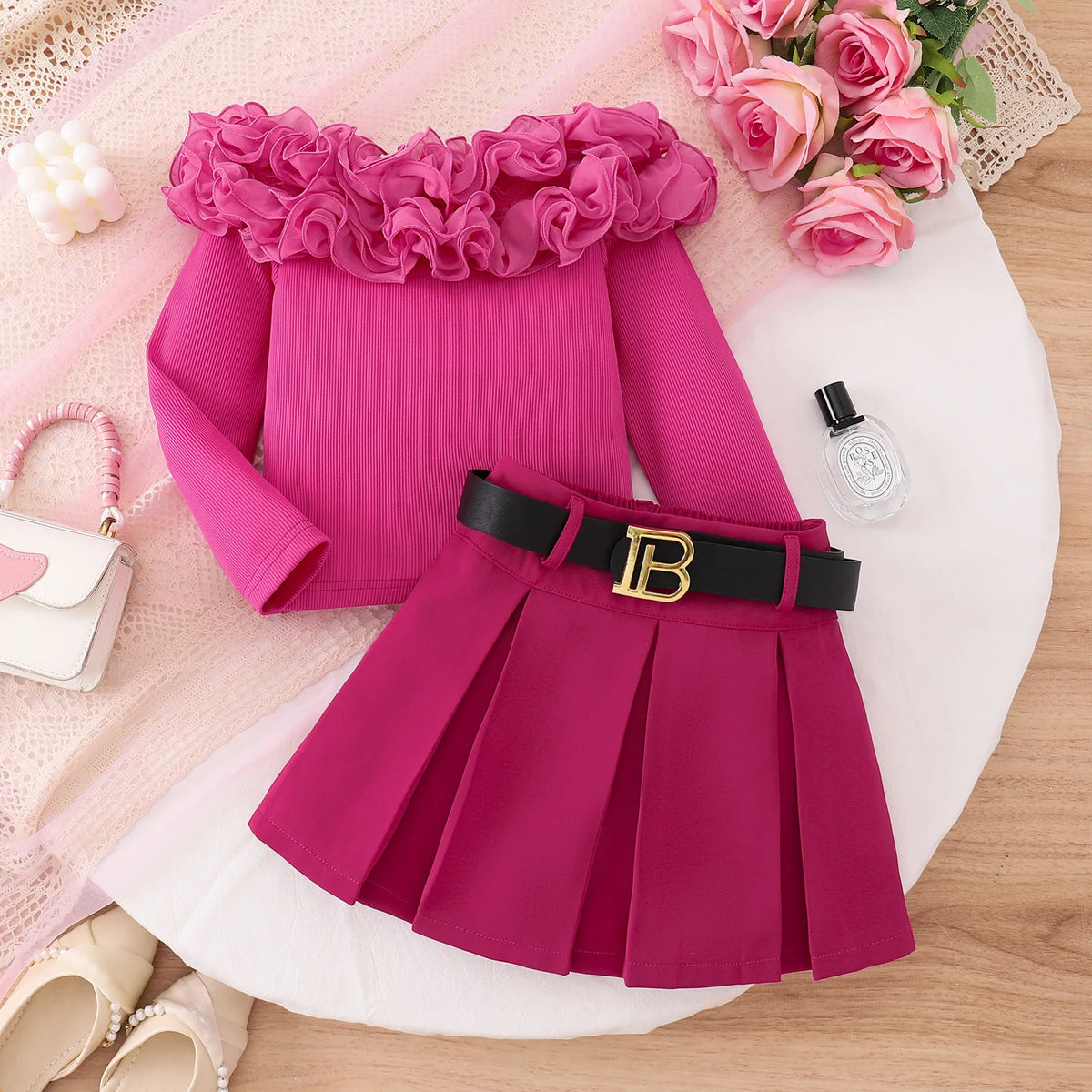 Girls 3-Piece Blazer Skirt Set – Black Coat, Belt & Skirt Outfit