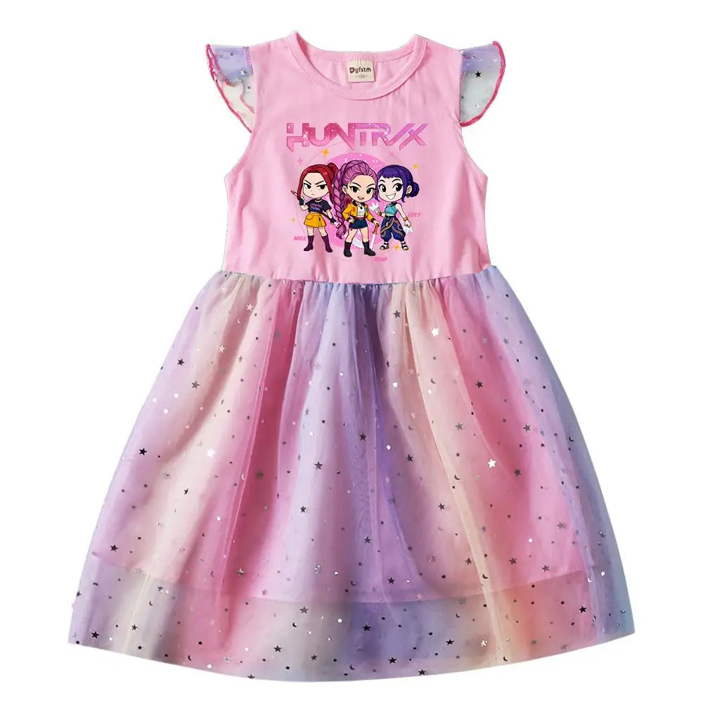 K-Pop Rumi Baby Girls Princess Dress – Cartoon Mesh Star Sequins Flying Sleeve Birthday Dress - Dripshop