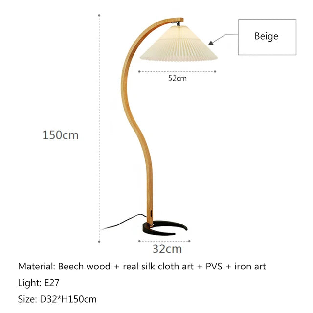 Japanese Arc Floor Lamp | Solid Wood Base & Pleated Shade | Dimmable LED - Dripshop