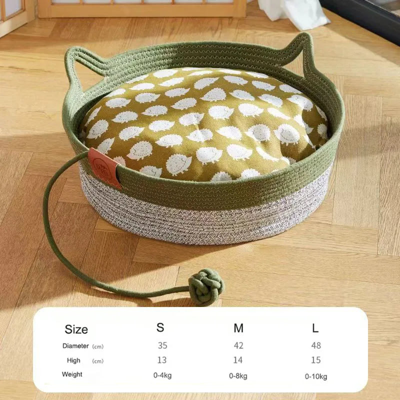 Japanese Hand-Woven Rattan Cat Bed – Round Summer Cooling Kitten Basket with Cotton Rope - Dripshop